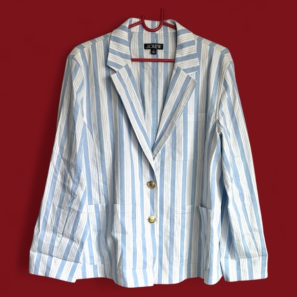 J.Crew Patch Pocket Blazer Sz M Striped Linen Nautical Blue White Gold Button - Picture 2 of 16